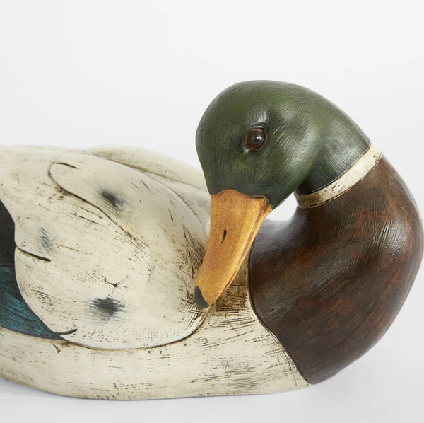 White polyresin trinket duck with green head and brown breast