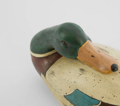 Green duck trinket box closed, with green head and pale body