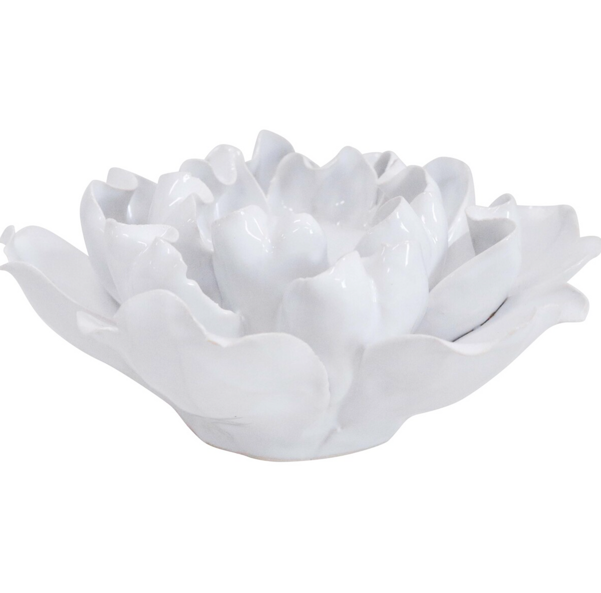 White ceramic flower-petal tealight holder with a candle shown in the centre