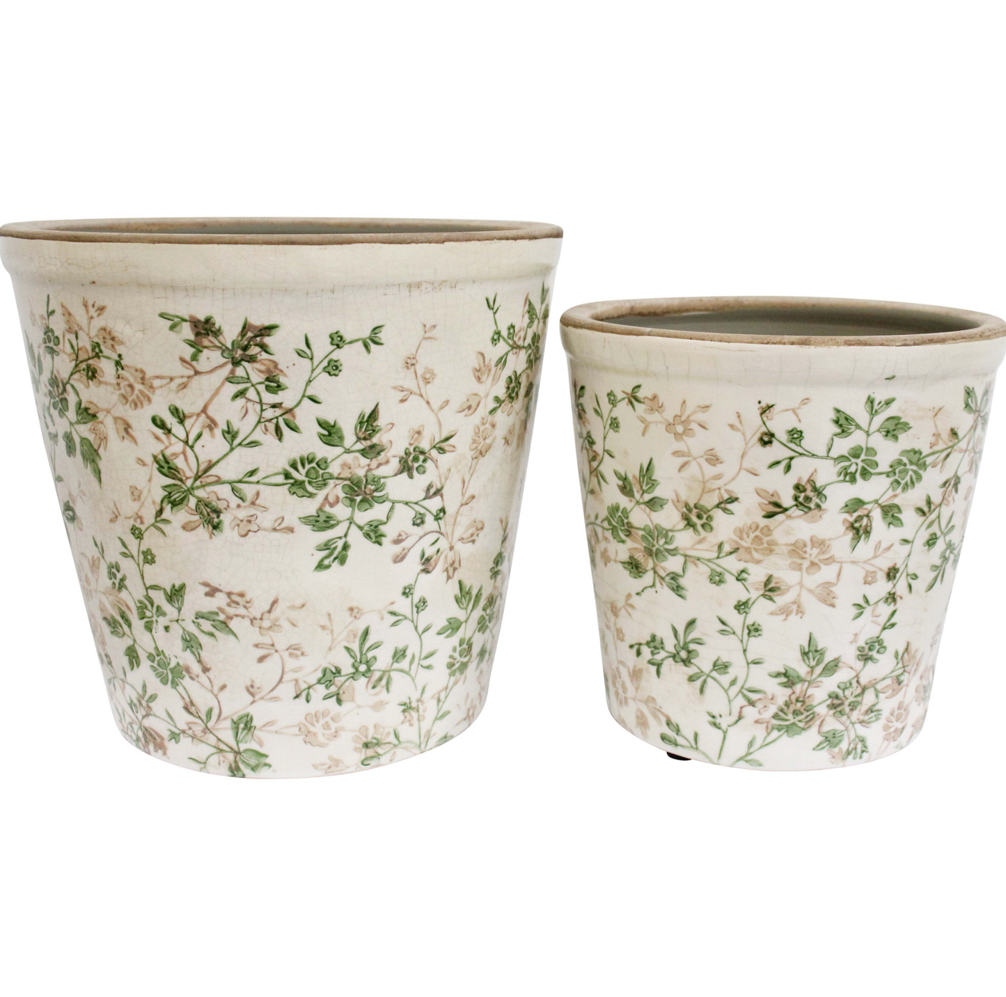 Top view of two Evergreen floral ceramic planters