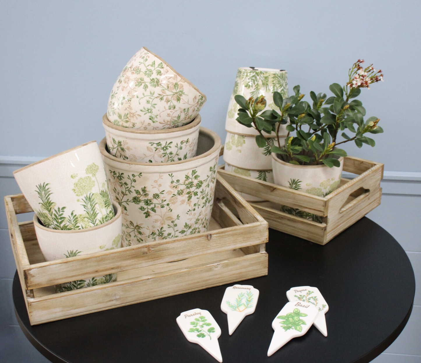 Styled Evergreen floral ceramic planters with plants