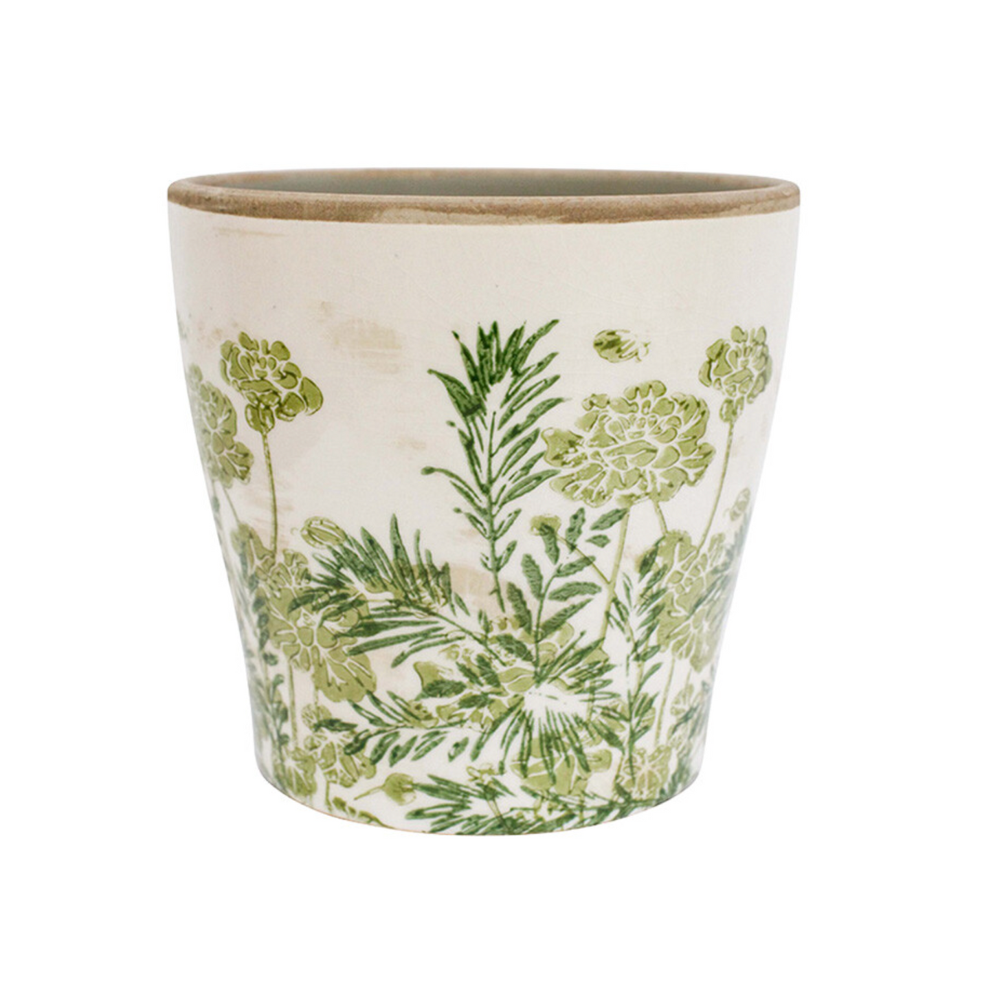 Botanical Green floral planter with botanical pattern and unglazed rim