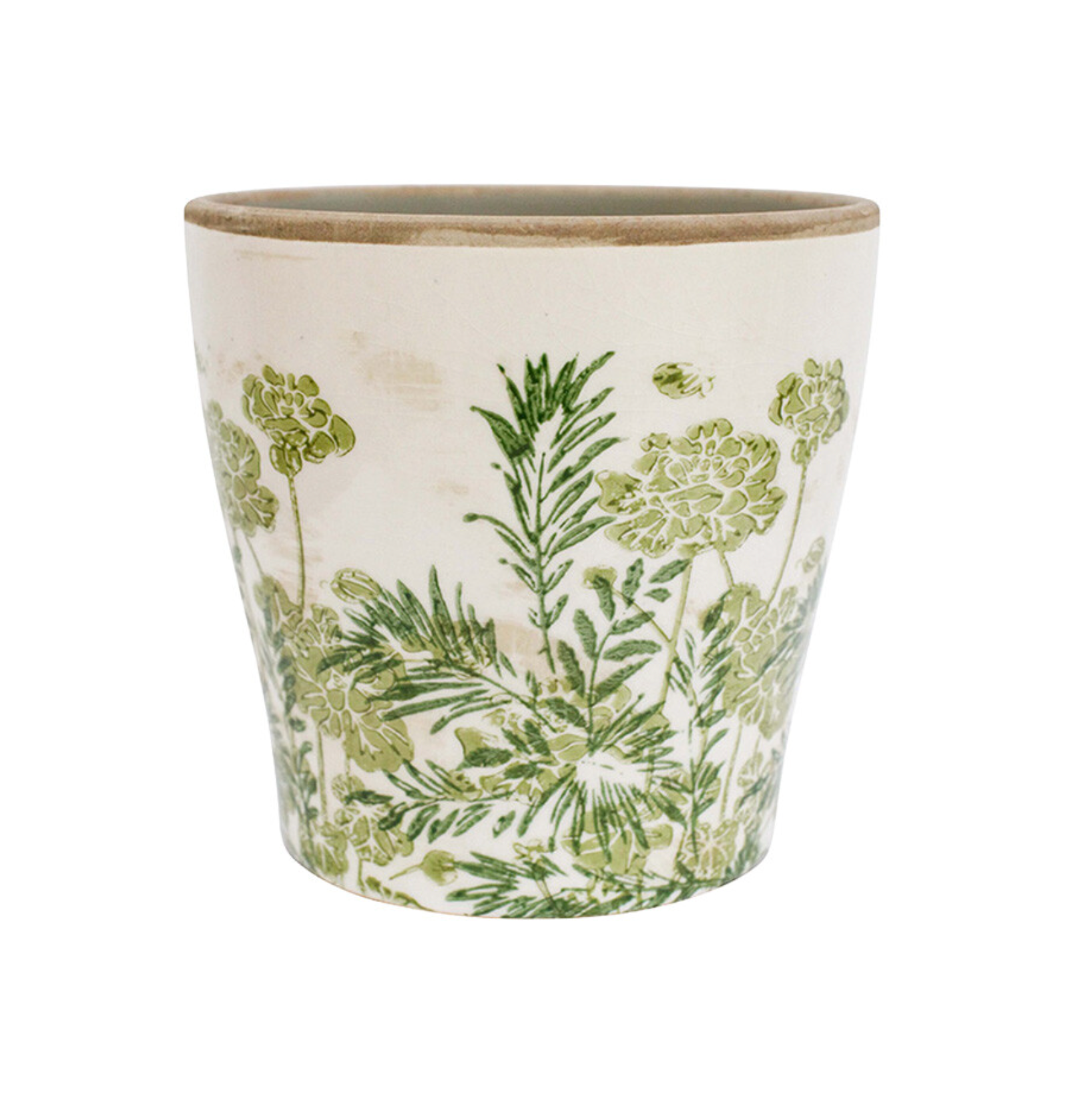 Botanical Green floral planter with botanical pattern and unglazed rim