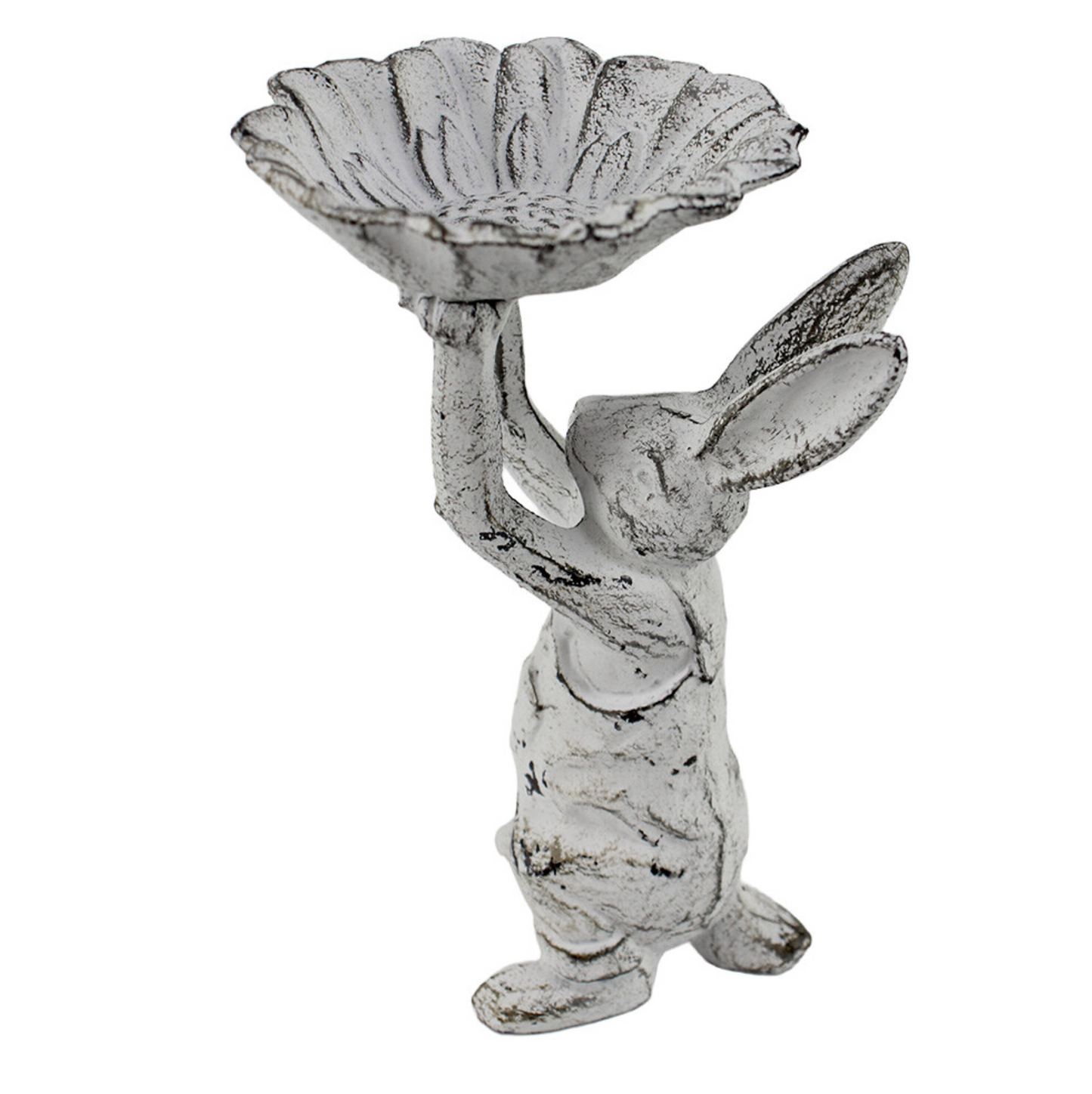 Distressed iron rabbit bird bowl viewed from the front