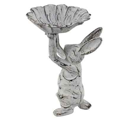 Distressed iron rabbit bird bowl viewed from the front