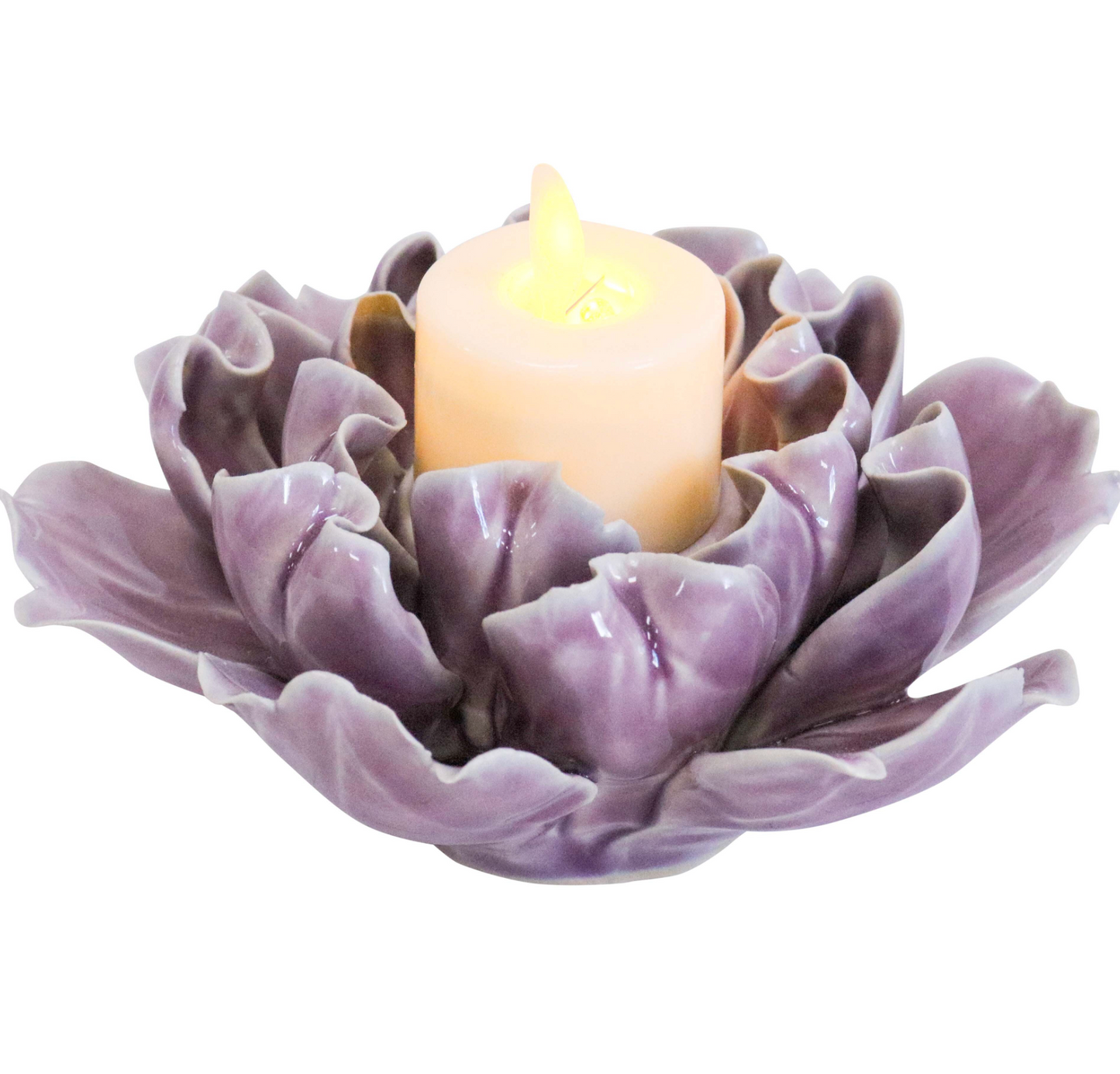Mauve ceramic flower-petal tealight holder with a candle shown in the centre