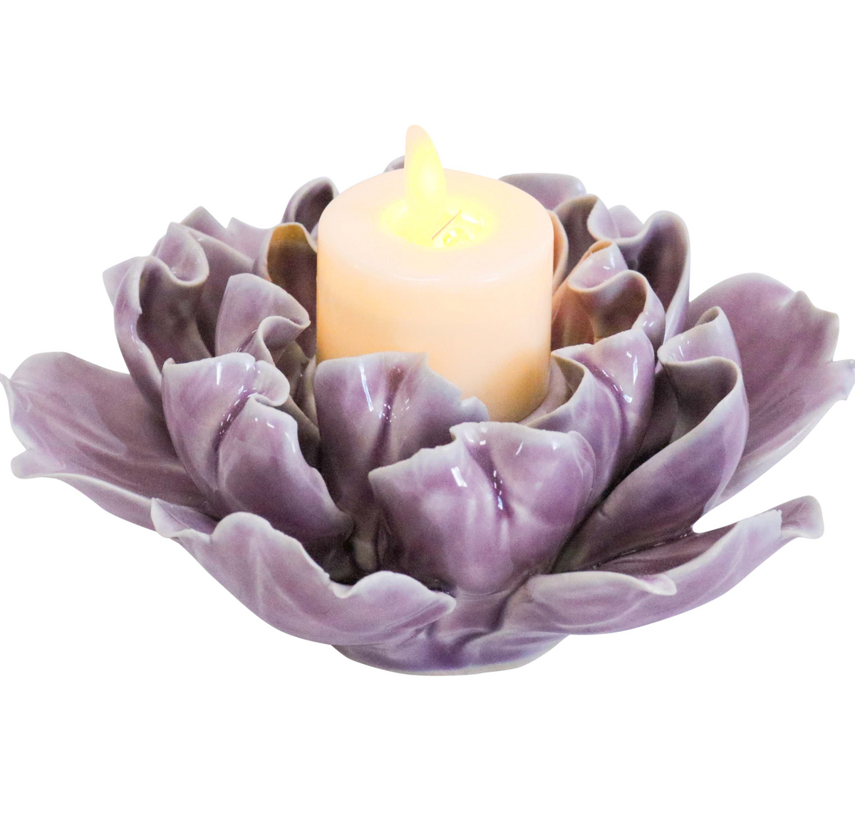 Mauve ceramic flower-petal tealight holder with a candle shown in the centre