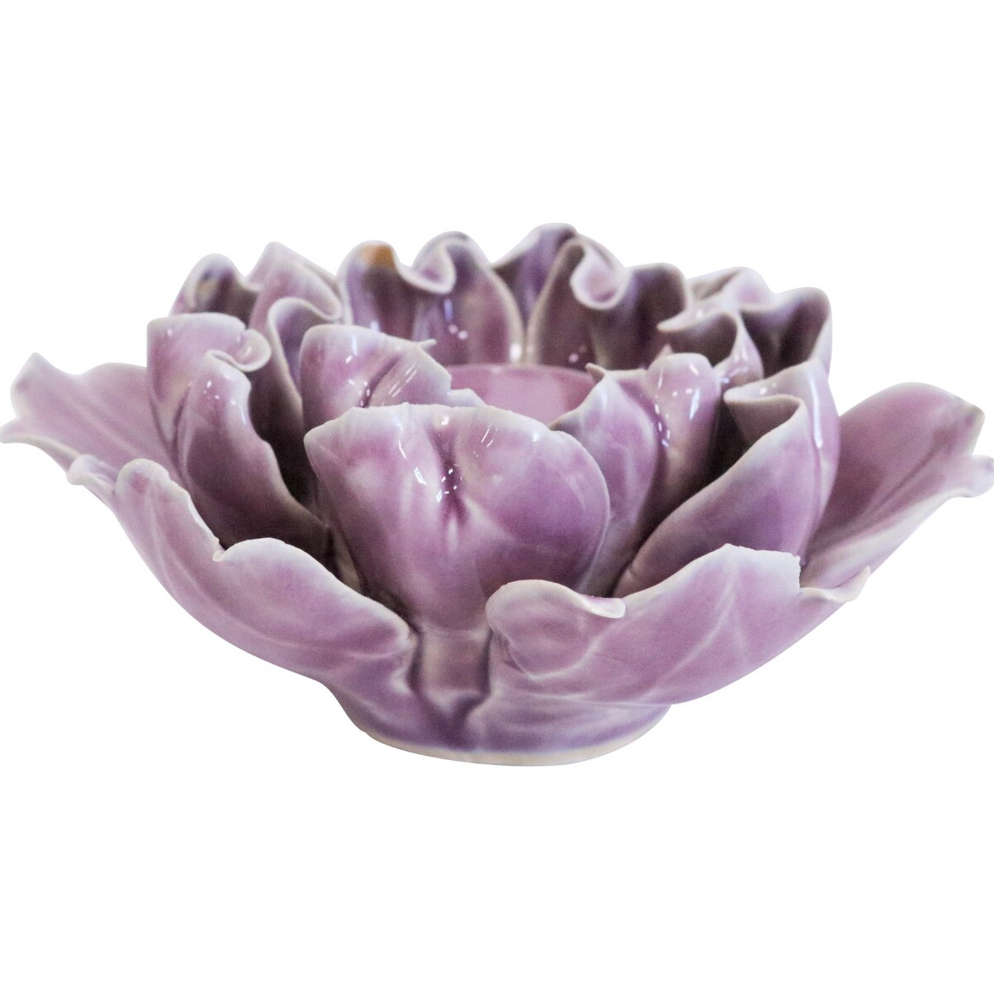 Side view of a mauve ceramic flower-petal tealight holder