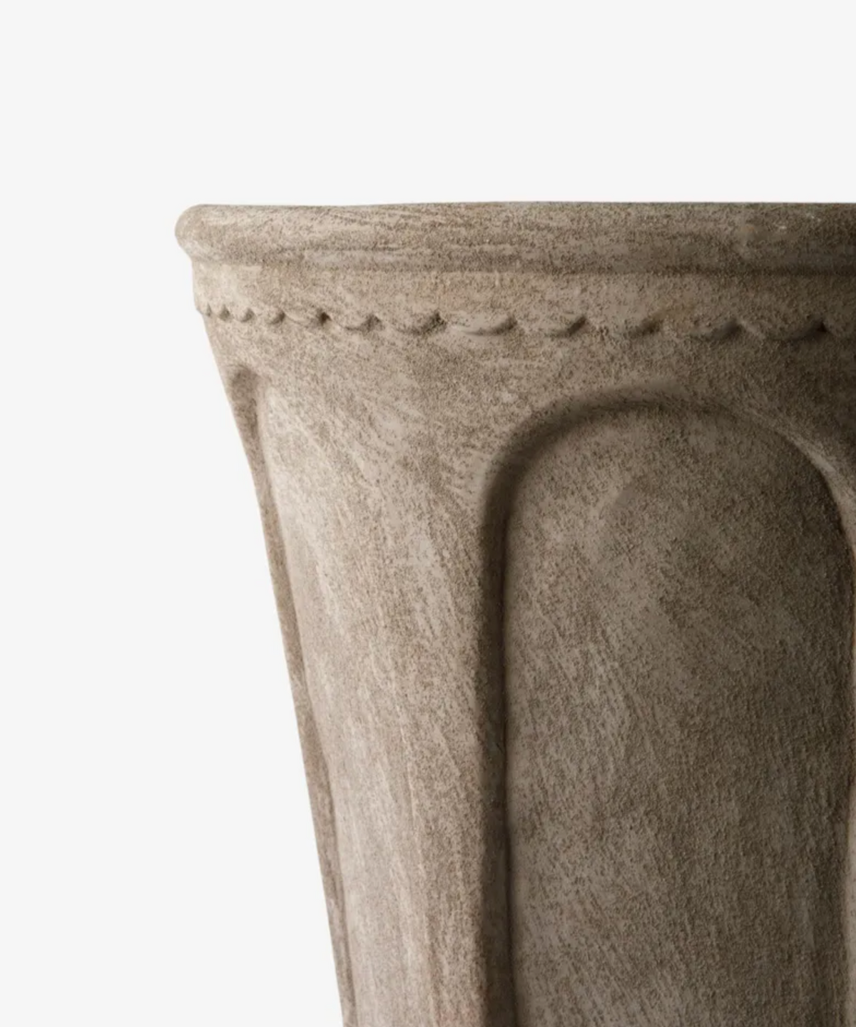 Close-up of the Sand terracotta Terra Arc Planter's sculpted arch-inspired panel and timeworn finish.