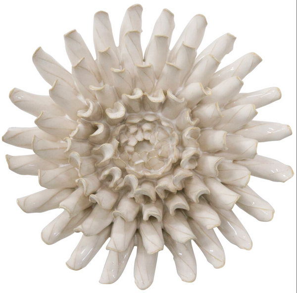 White ceramic wall flower with layered hand-shaped petals