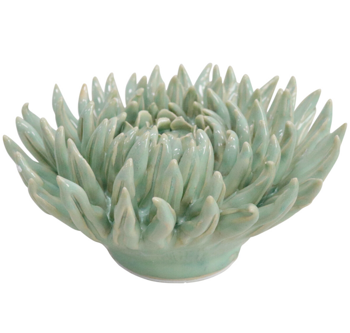 Mist ceramic flower shown in profile with sculptural petals