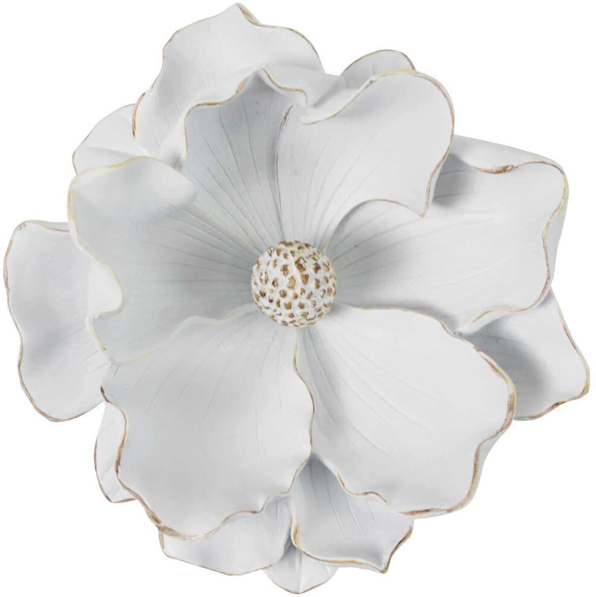 White resin magnolia flower sculpture with gold-edged petals and centre