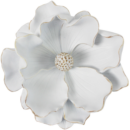 White resin magnolia flower sculpture with gold-edged petals and centre