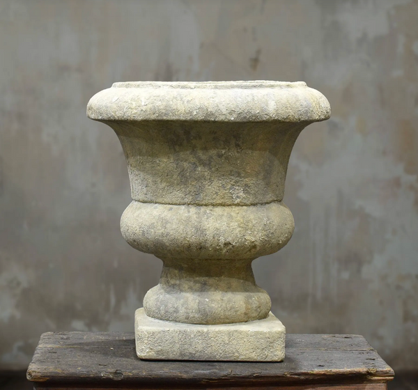 Weathered stone patina cement urn with classical architectural form