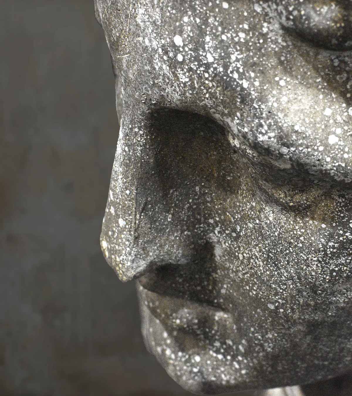 Front view of classical female cement bust on a display plinth