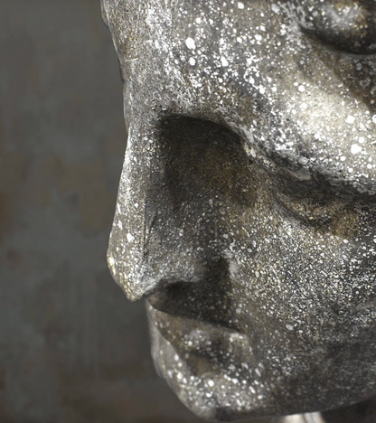 Front view of classical female cement bust on a display plinth