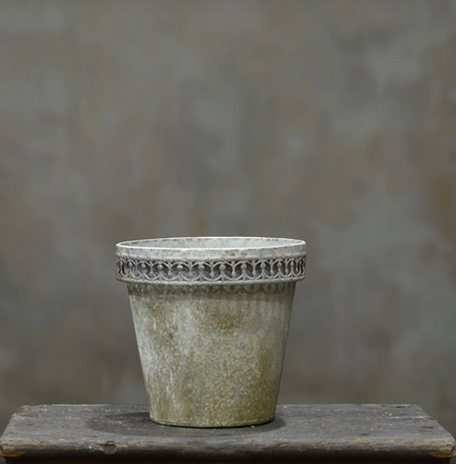 Tin flower pot with softly weathered finish