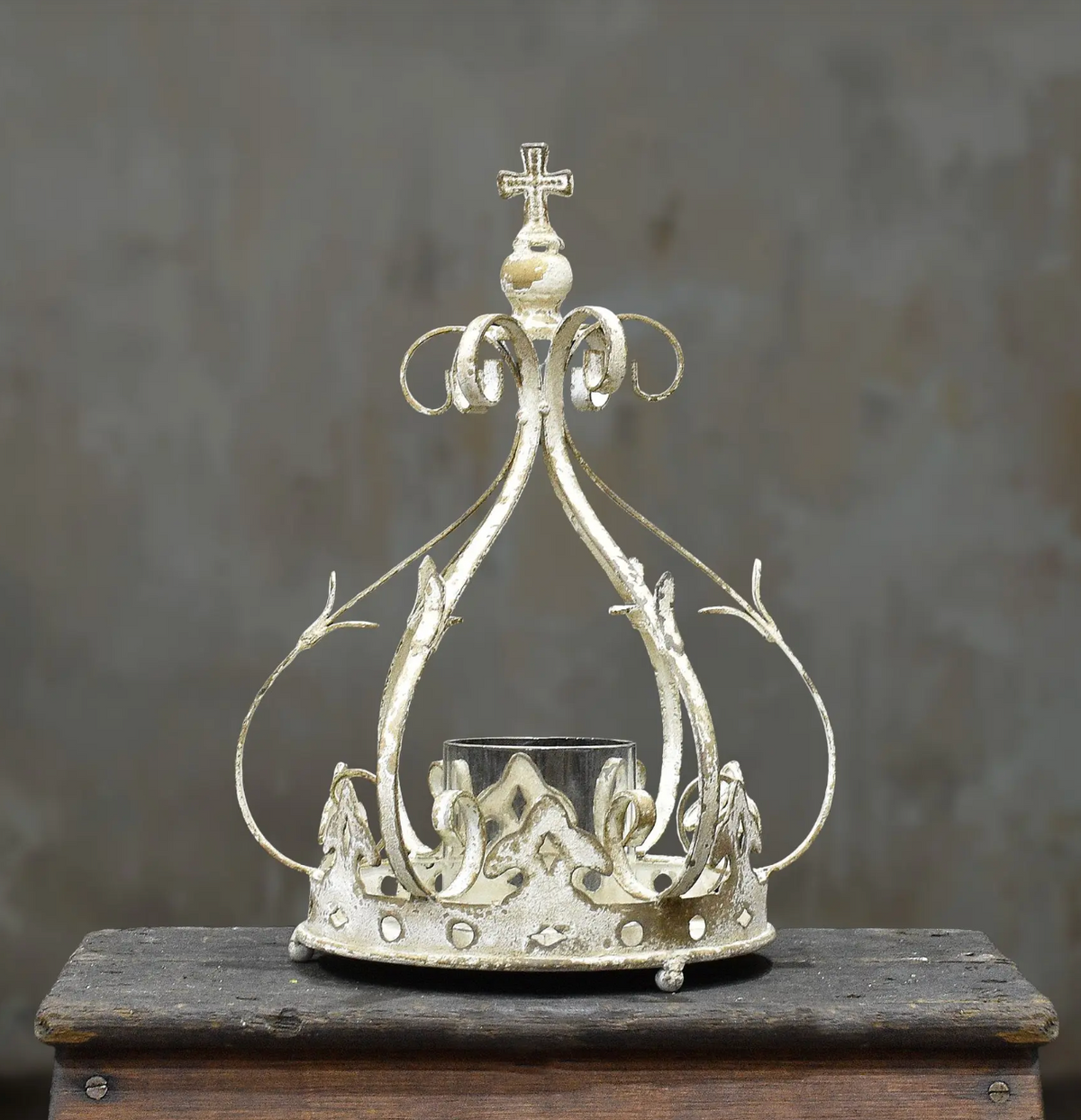 Crown candle holder with cross and glass votive insert, front view