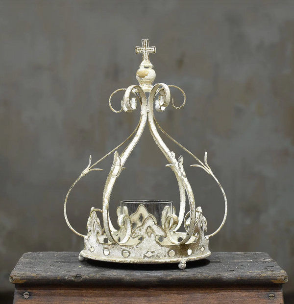 Crown candle holder with cross and glass votive insert, front view