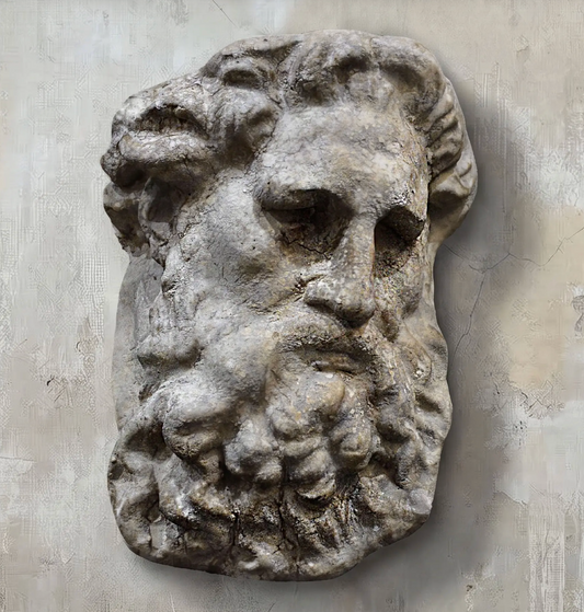 Lion wall plaque mounted flush against wall, front view