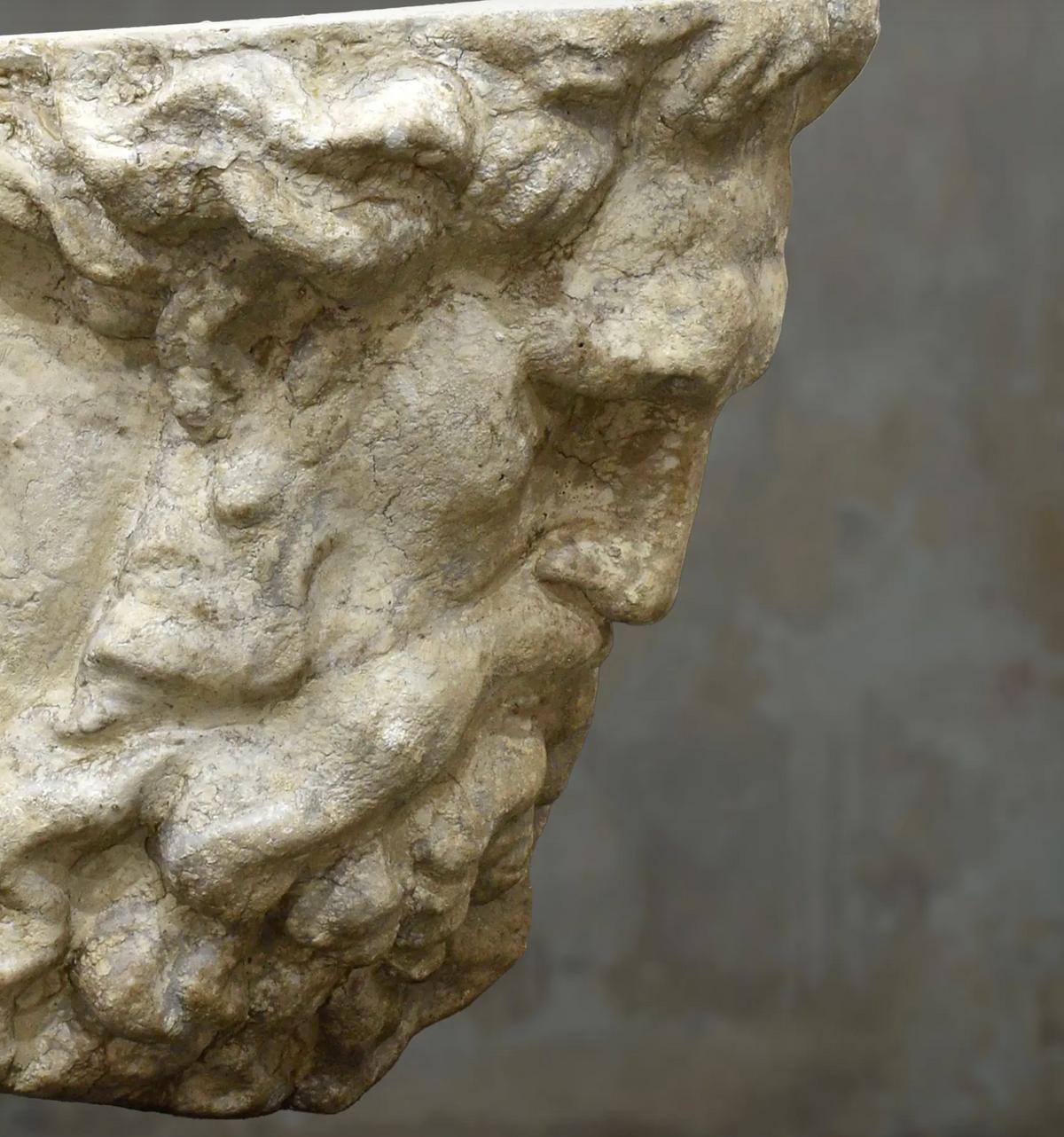 Close-up of lion wall plaque facial relief