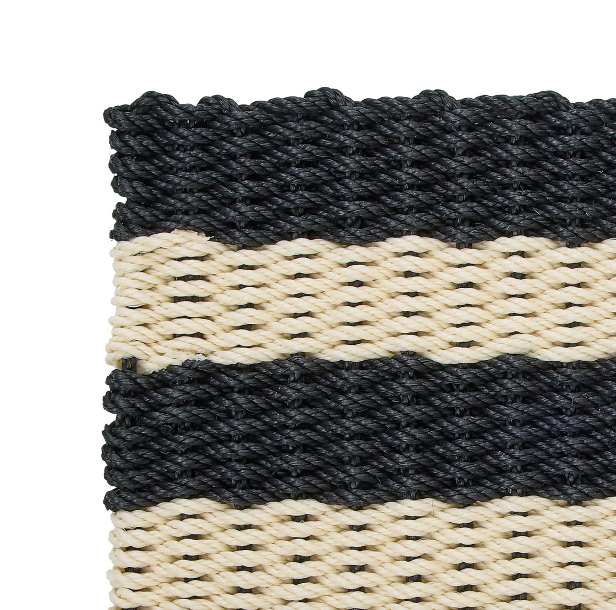 Close-up of the black and cream striped rope door mat weave