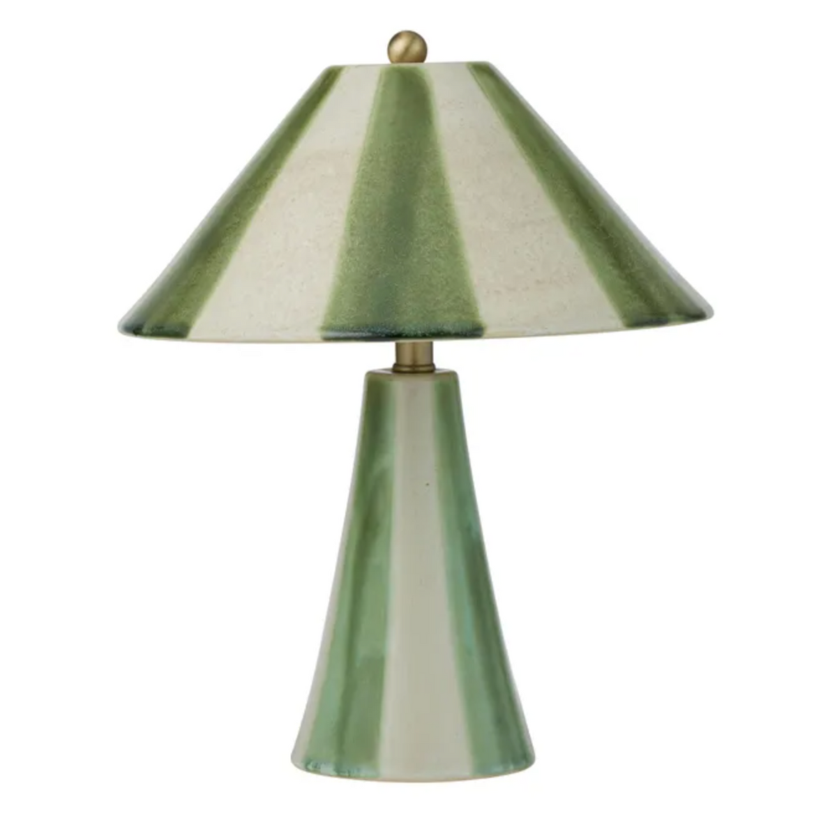 Green and ivory striped ceramic table lamp with matching pleated-look shade