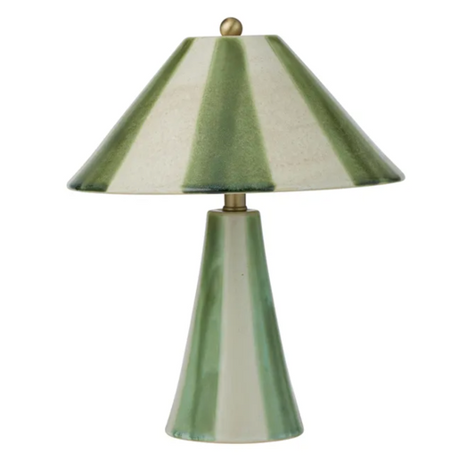 Green and ivory striped ceramic table lamp with matching pleated-look shade