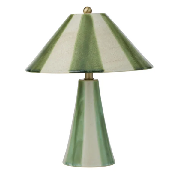 Green and ivory striped ceramic table lamp with matching pleated-look shade