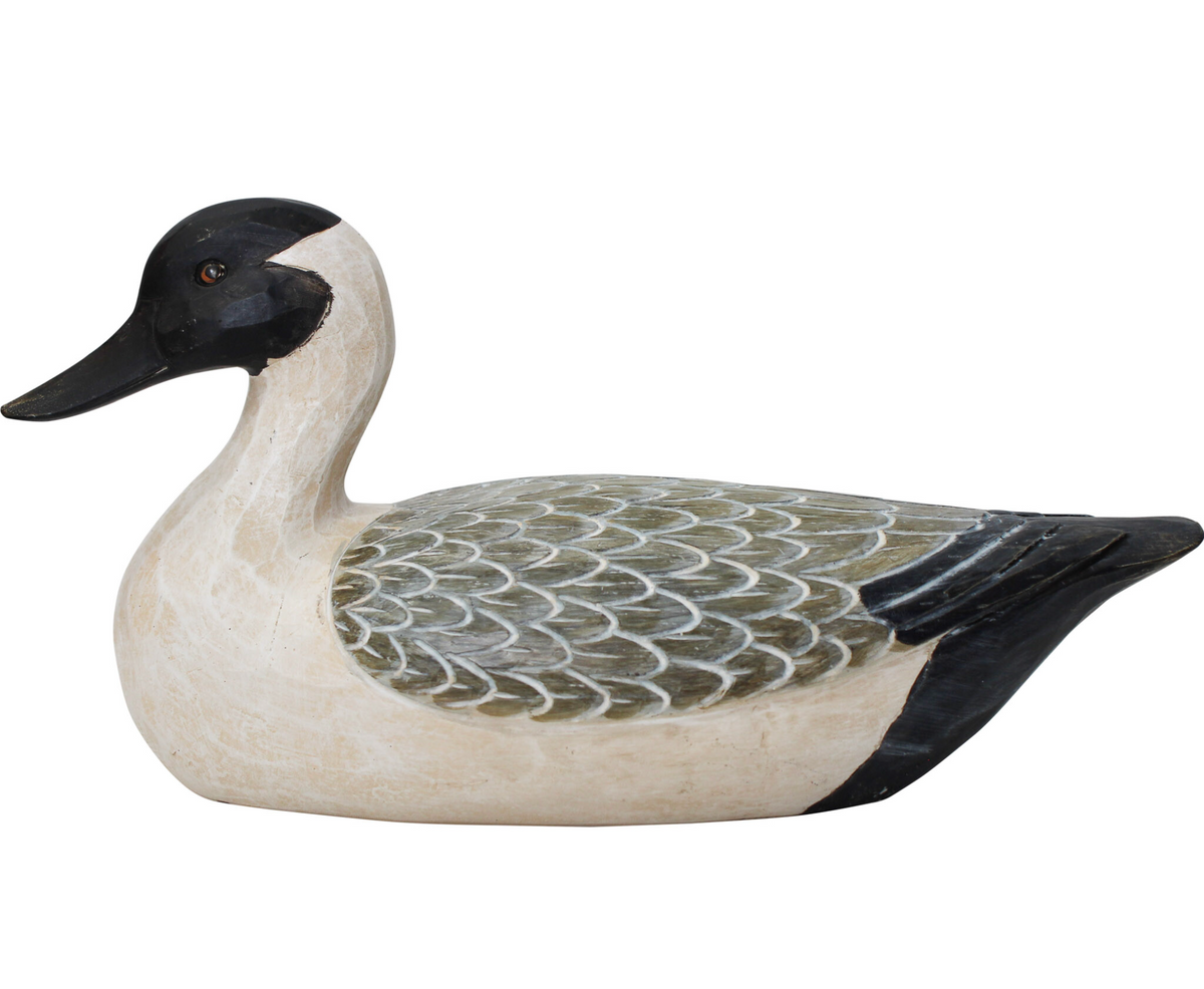 Hand-painted resin seated duck in white, grey, olive and black, side view