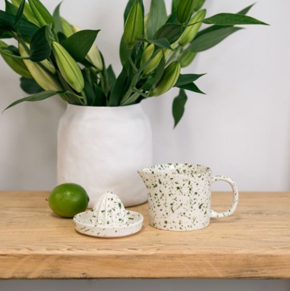 Removable ridged reamer lifted from green speckled juicer jug
