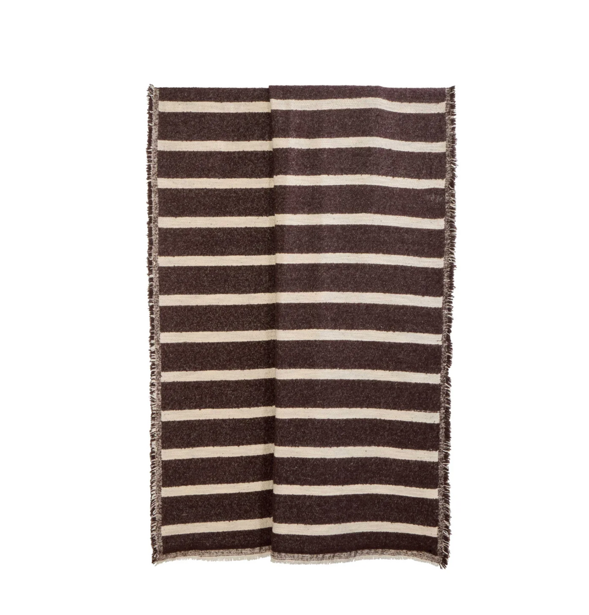 Brown and natural striped throw draped over a brown chair in a living room