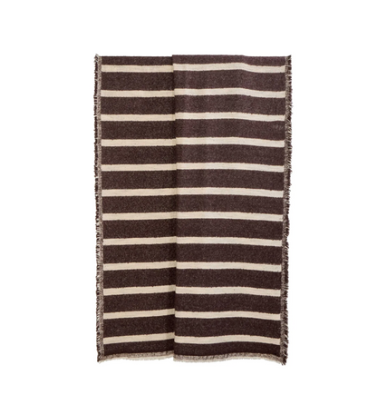 Brown and natural striped throw draped over a brown chair in a living room