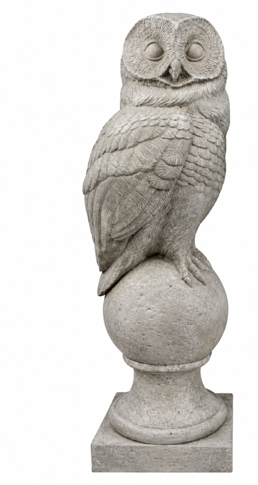 Left-facing pale grey resin owl perched on a ball above a square finial base