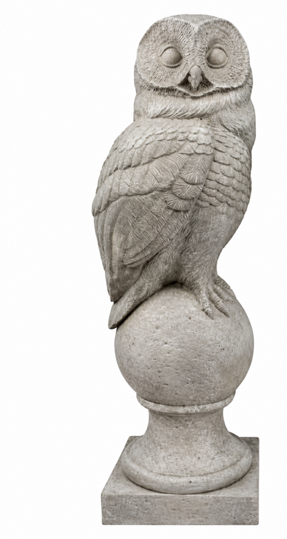 Left-facing pale grey resin owl perched on a ball above a square finial base