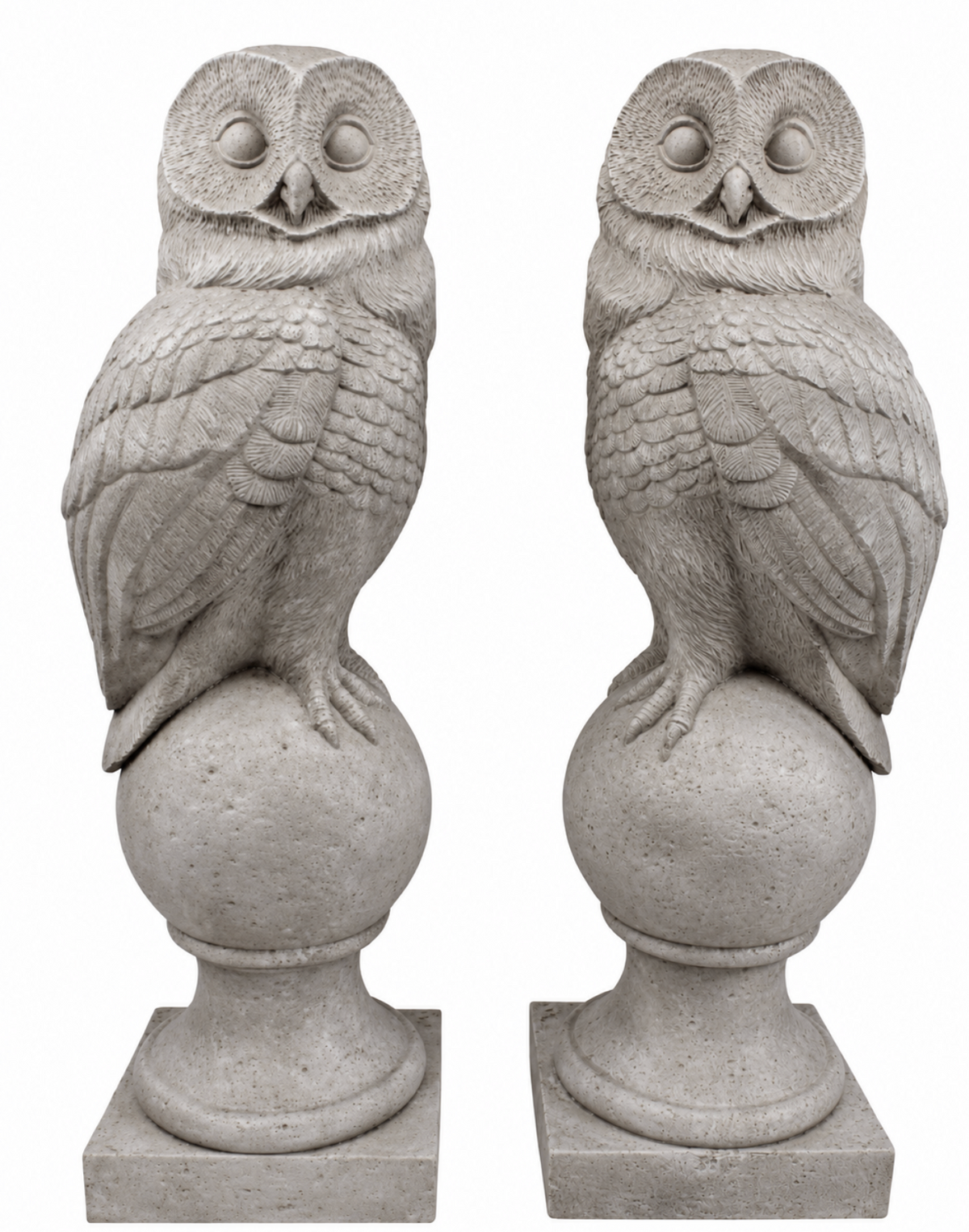 Pair of pale grey resin owl ball finials, showing left- and right-facing designs