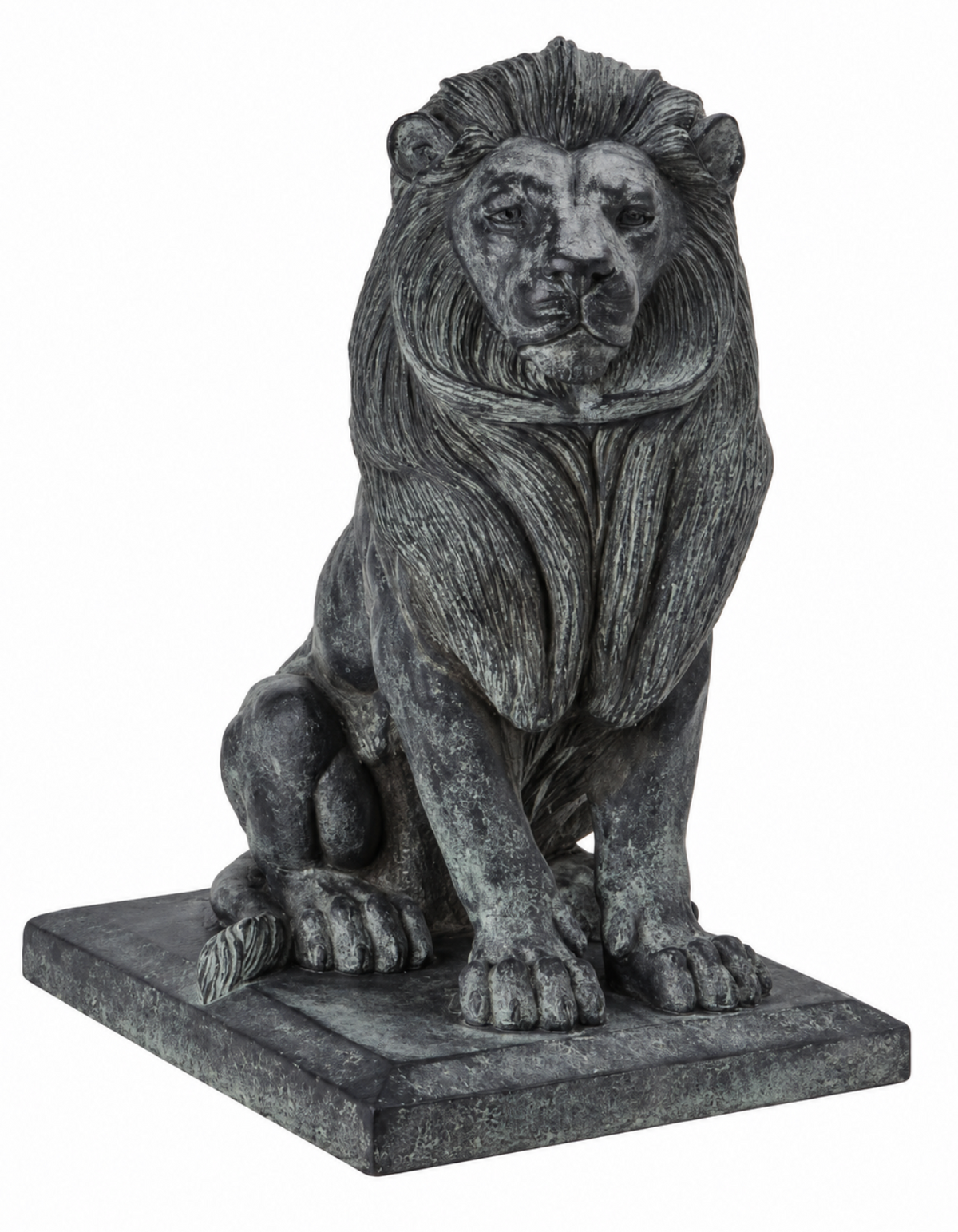 Dark grey resin lion sculpture seated on a square base with a detailed mane