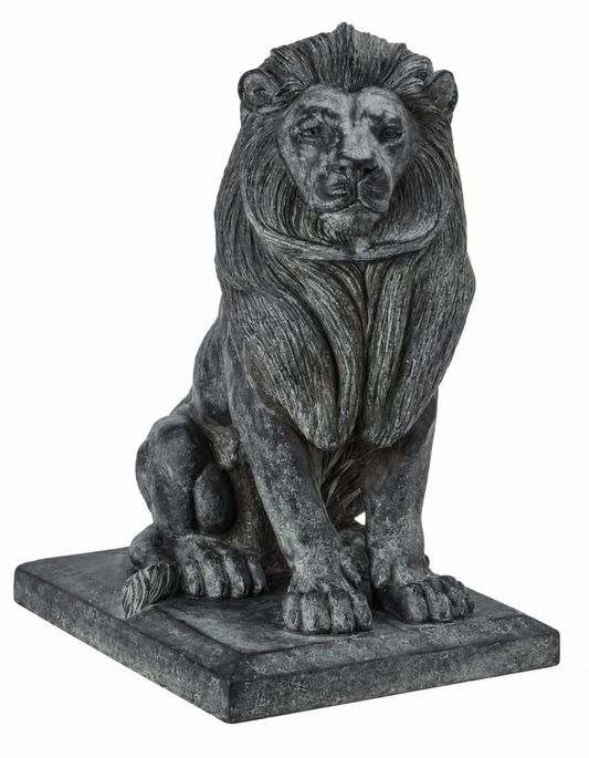 Dark grey resin lion sculpture seated on a square base with a detailed mane