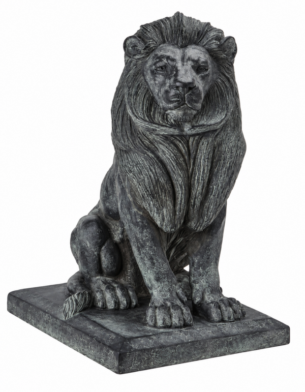 Dark grey resin lion sculpture seated on a square base with a detailed mane