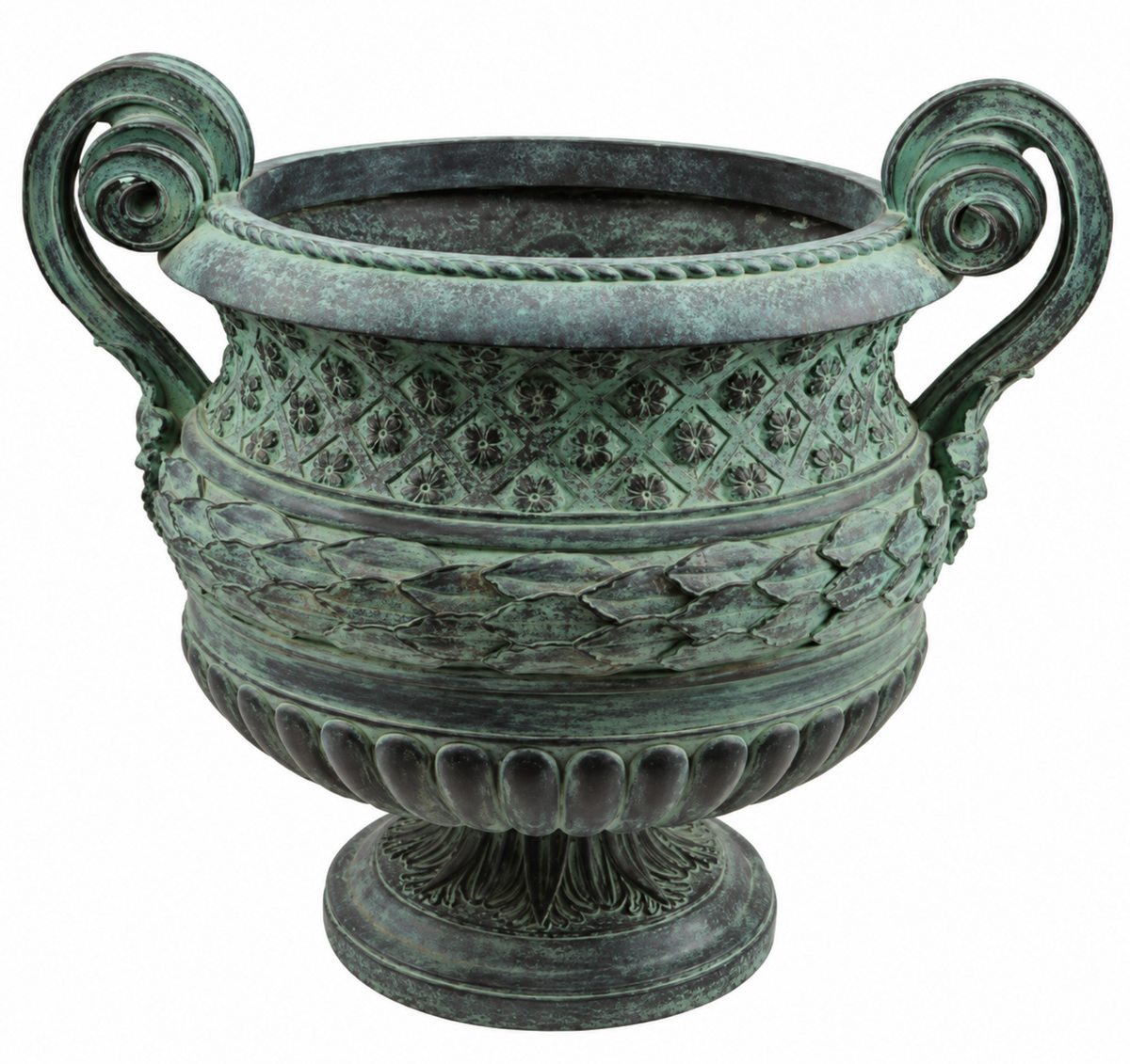 Verdigris-coloured resin planter with two curled handles, patterned sides and a raised foot