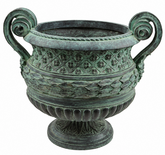 Verdigris-coloured resin planter with two curled handles, patterned sides and a raised foot