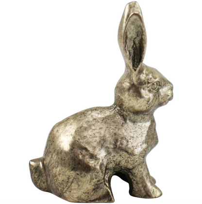 Gold pewter rabbit doorstop with upright ears and an antique-style finish