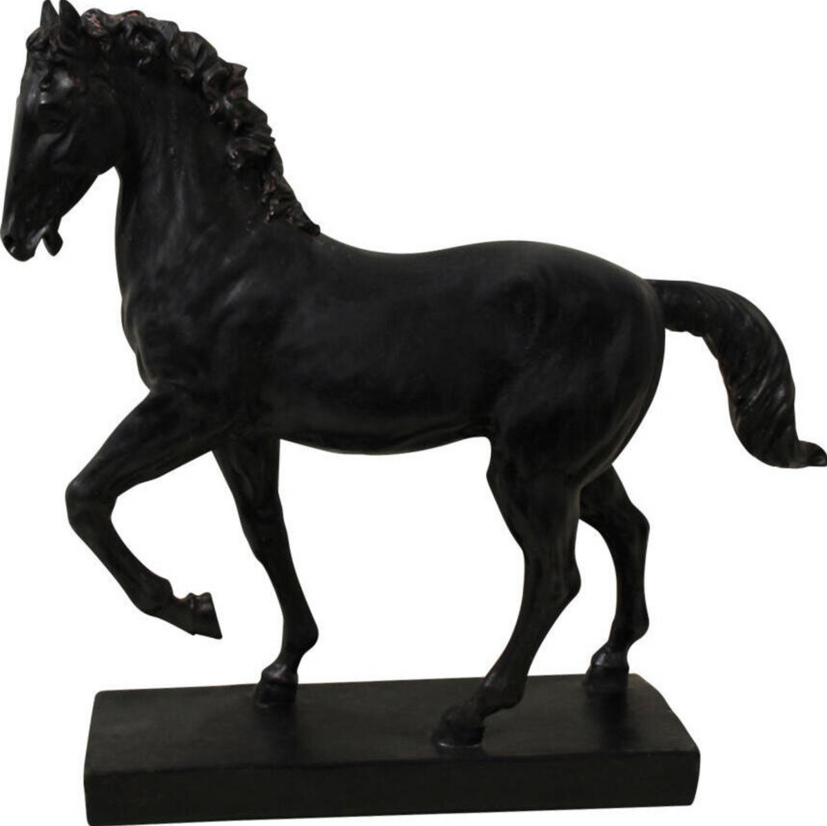 Black resin horse statue with a raised foreleg and detailed mane on a rectangular base