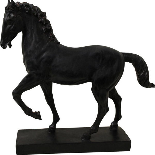 Black resin horse statue with a raised foreleg and detailed mane on a rectangular base
