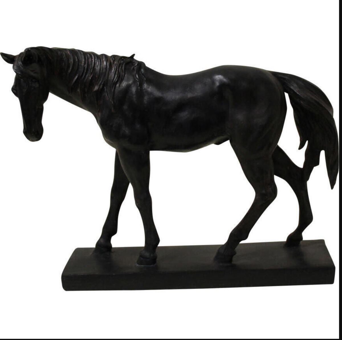 Black walking horse statue with a lowered head and detailed mane on an oblong base