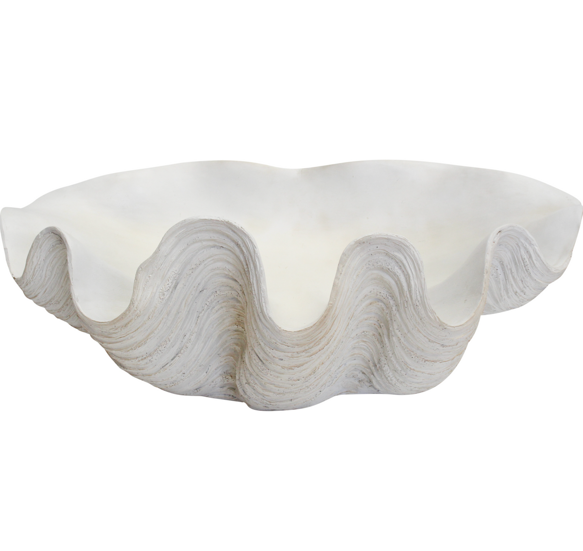 Angled view of giant white resin clam shell with layered ridges and pale interior