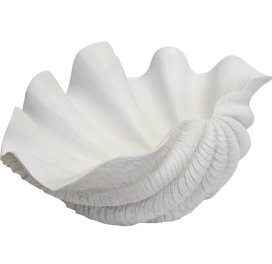 Giant white resin clam shell showing scalloped front edge and open interior