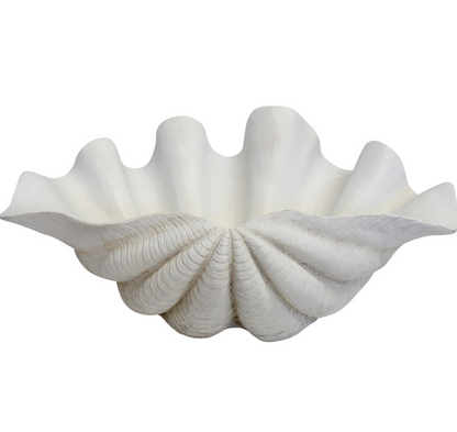 Giant white resin clam shell showing ridged exterior and wavy rear edge