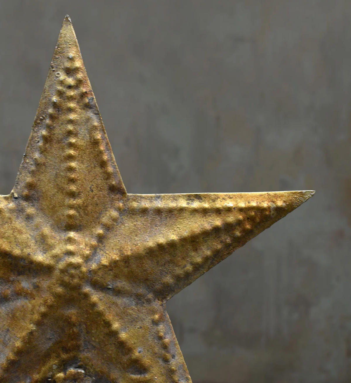 Close-up of raised detailing on a weathered gold tin star