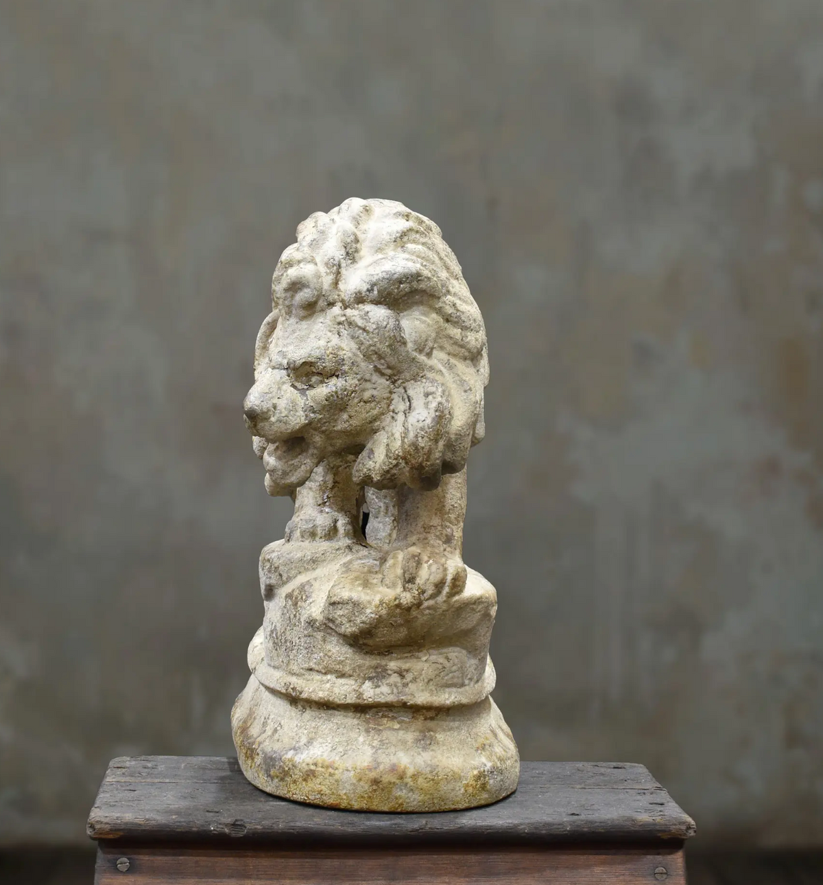 Front view of the lion statue on its shaped base